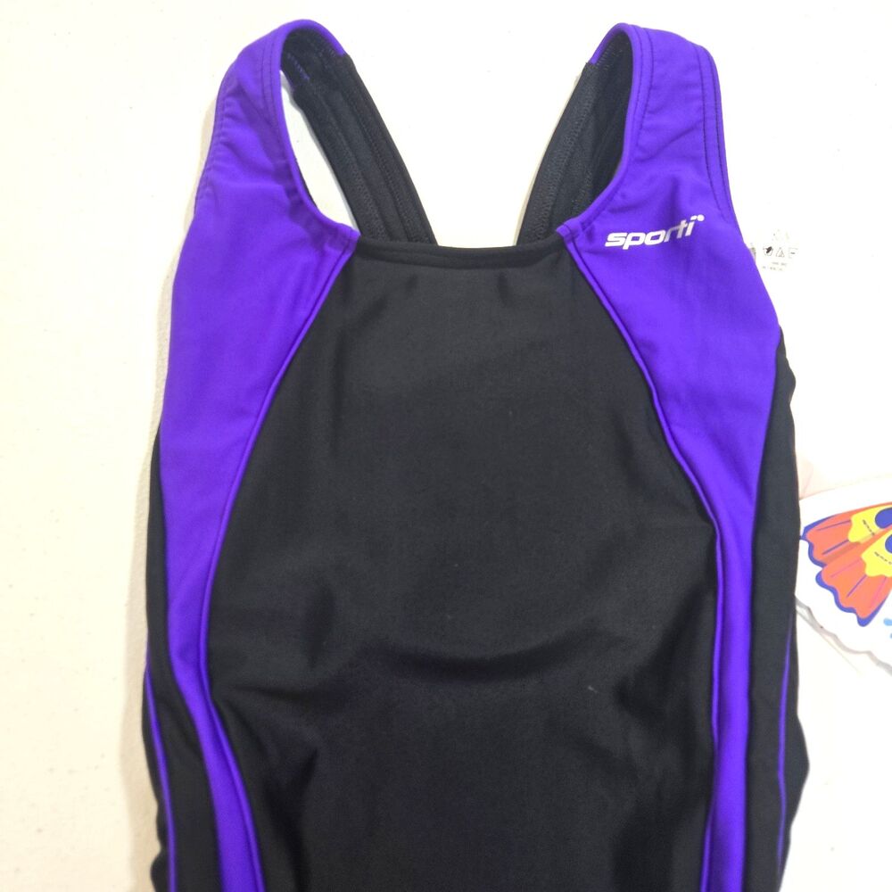 NWT Sporti Womens Piped Splice Swimsuit Black/Purple SZ 4/Small, 30 (EUC)